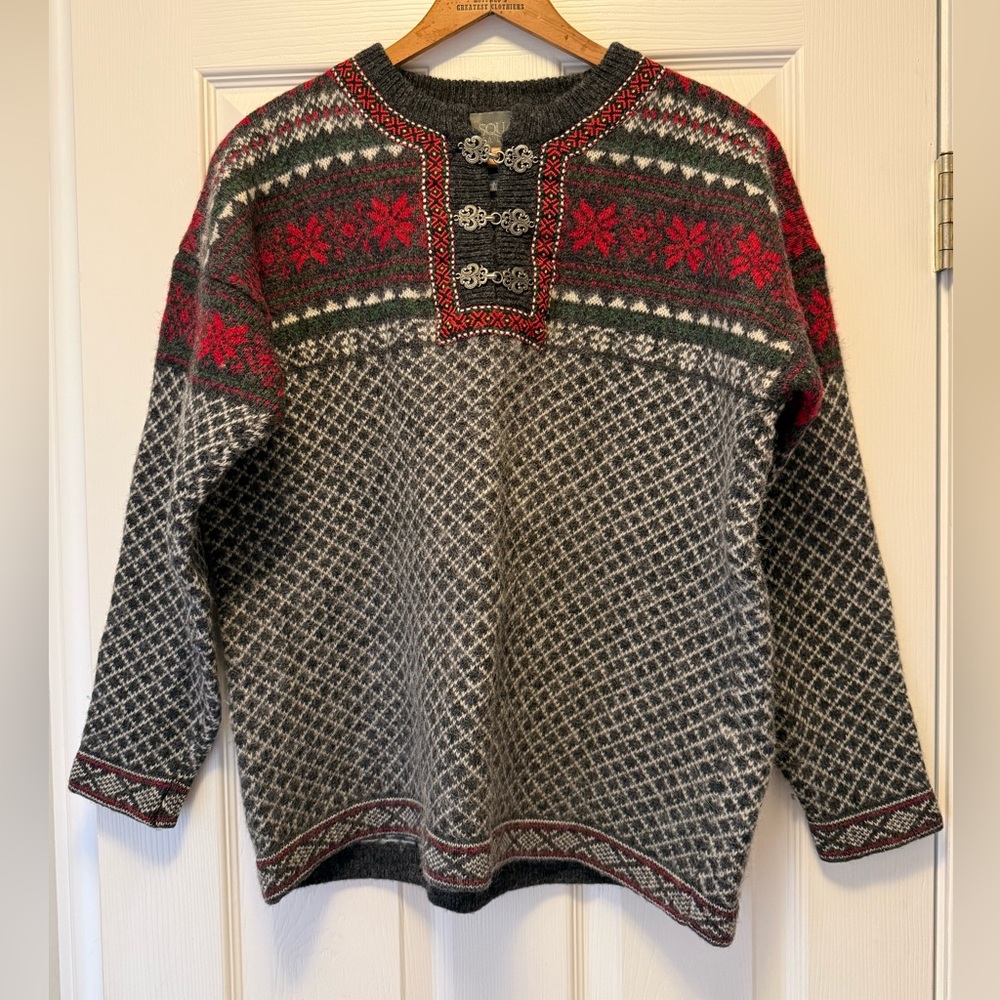 Squaw Valley Fair Isle Wool Sweater Vintage Nordic Clasp Pullover size PL